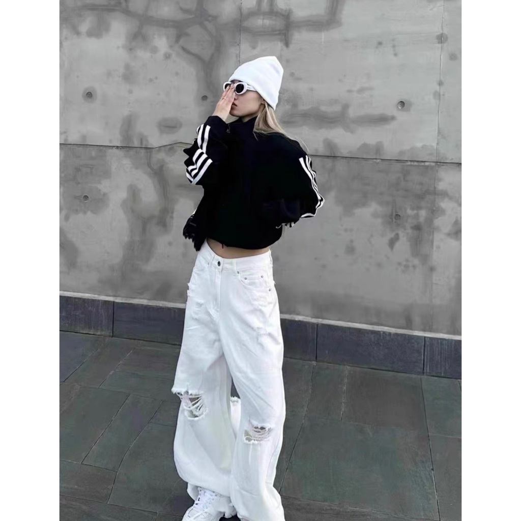 Áo khoác thể thao 3 sọc đen trắng form crotop by HH MS06