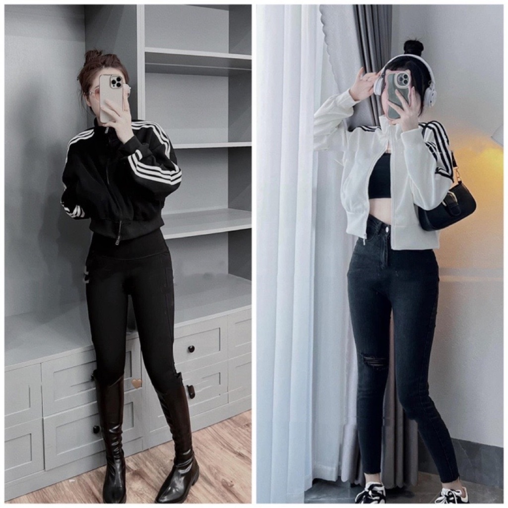 Áo khoác thể thao 3 sọc đen trắng form crotop by HH MS06