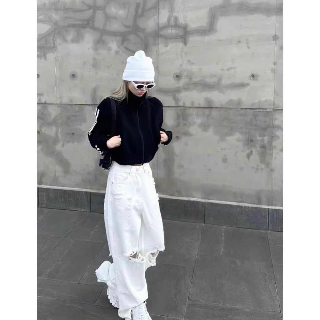 Áo khoác thể thao 3 sọc đen trắng form crotop by HH MS06