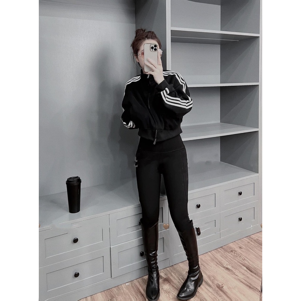Áo khoác thể thao 3 sọc đen trắng form crotop by HH MS06