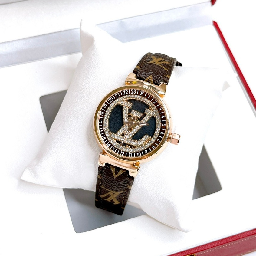 Đồng hồ nữ đính đá dây dâ LV - size mặt 30mm, dây da, máy pin, chống nước 3atm, mặt đính đá sang trọng dành cho nữ