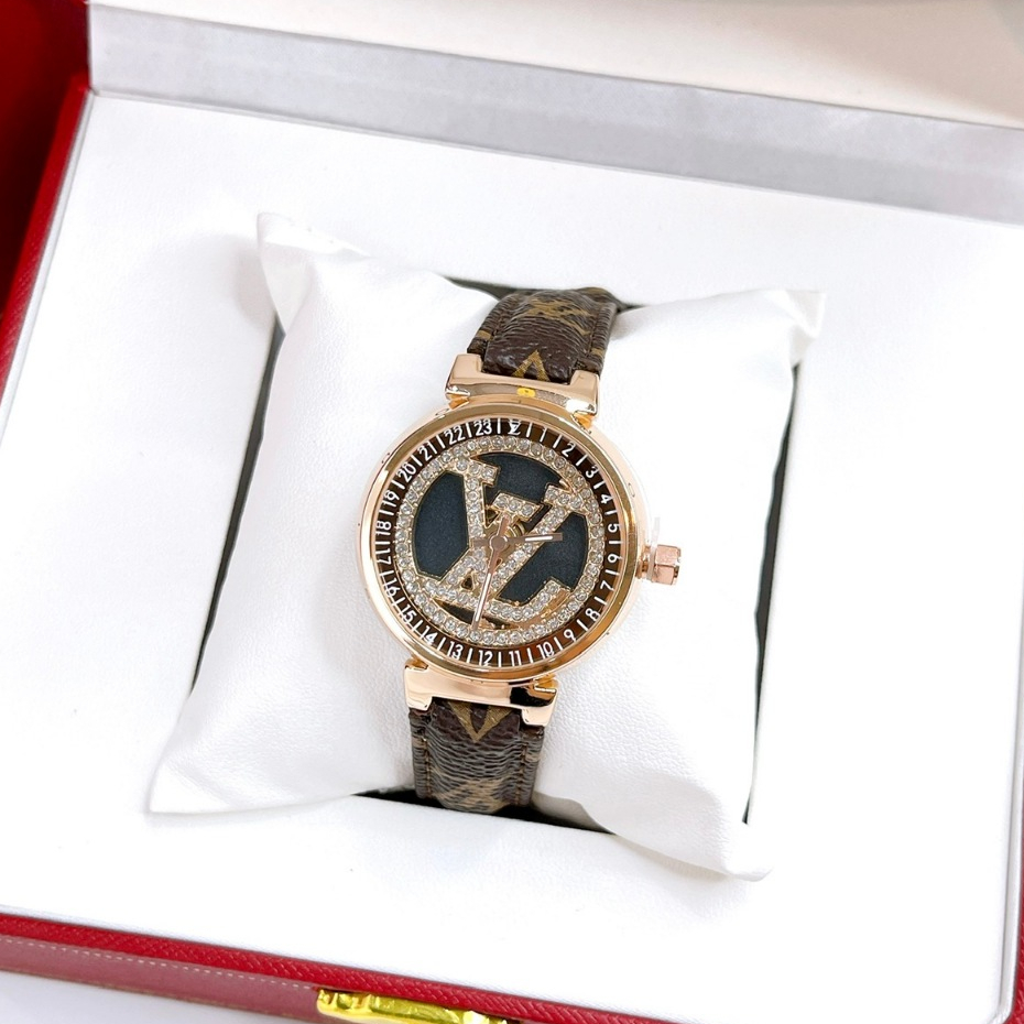 Đồng hồ nữ đính đá dây dâ LV - size mặt 30mm, dây da, máy pin, chống nước 3atm, mặt đính đá sang trọng dành cho nữ