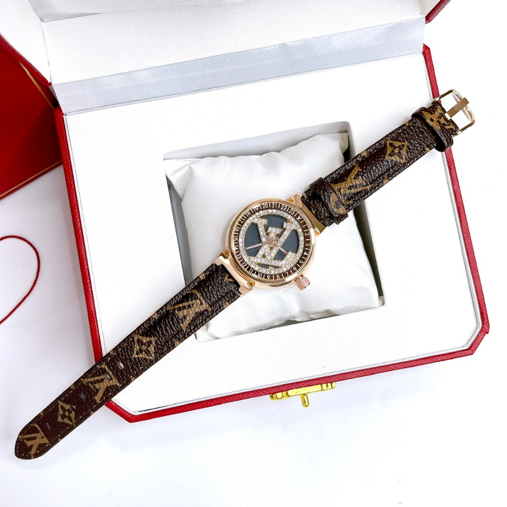 Đồng hồ nữ đính đá dây dâ LV - size mặt 30mm, dây da, máy pin, chống nước 3atm, mặt đính đá sang trọng dành cho nữ