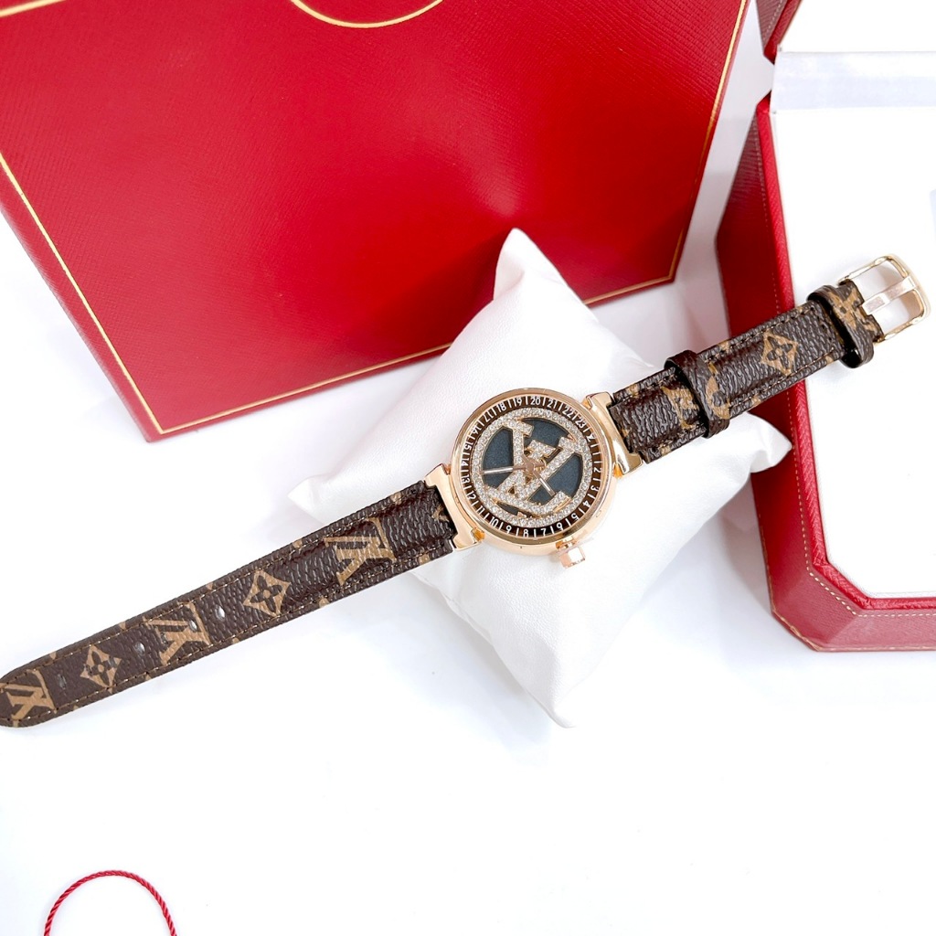 Đồng hồ nữ đính đá dây dâ LV - size mặt 30mm, dây da, máy pin, chống nước 3atm, mặt đính đá sang trọng dành cho nữ