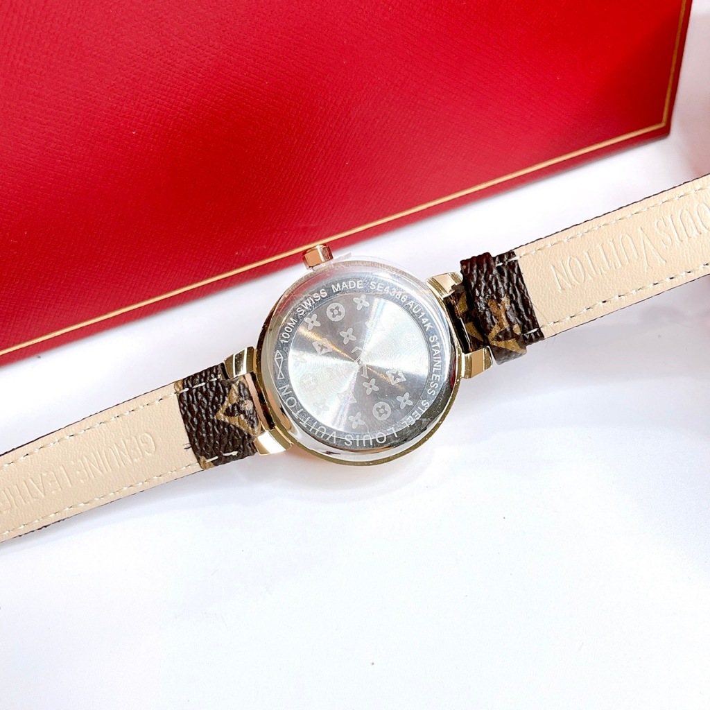 Đồng hồ nữ đính đá dây dâ LV - size mặt 30mm, dây da, máy pin, chống nước 3atm, mặt đính đá sang trọng dành cho nữ