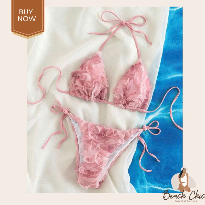 BEACHCHIC Halter Triangle Tie Side Bikini - Set bikini 2 mảnh cột dây hoa nổi
