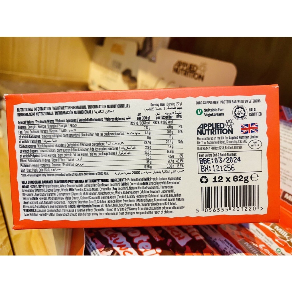 PROTEIN CRUNH BAR APPLIED NUTRITION - BÁNH TĂNG CƠ - WSPT- HỘP 12 THANH-HSD 12.3.2024 ,18.2.2024