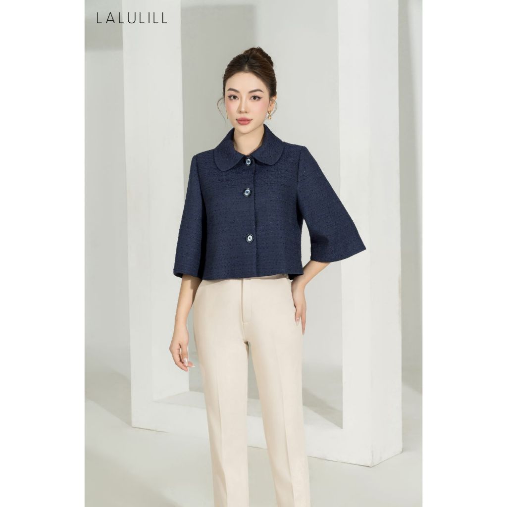 Aó khoác dạ dáng lửng LALULILL cổ sen hai lớp xanh tím than