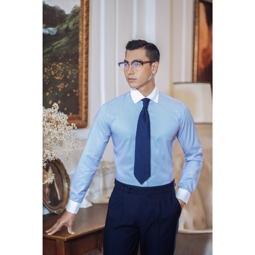 SƠ MI NAM ADAM STORE KẺ SỌC XANH TRẮNG PHA CỔ TRẮNG SDTTK0034