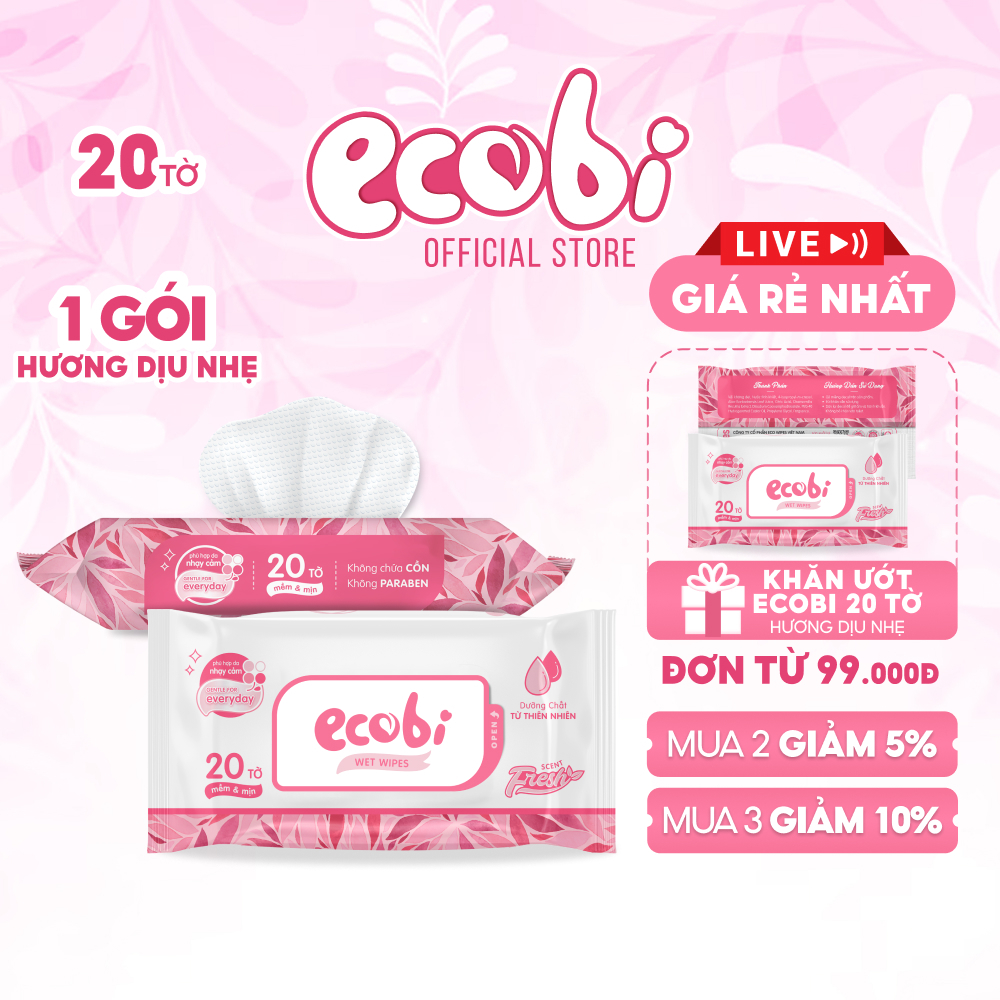 Khăn giấy ướt cao cấp cho bé Ecobi gói 20 tờ 110g hương dịu nhẹ không cồn