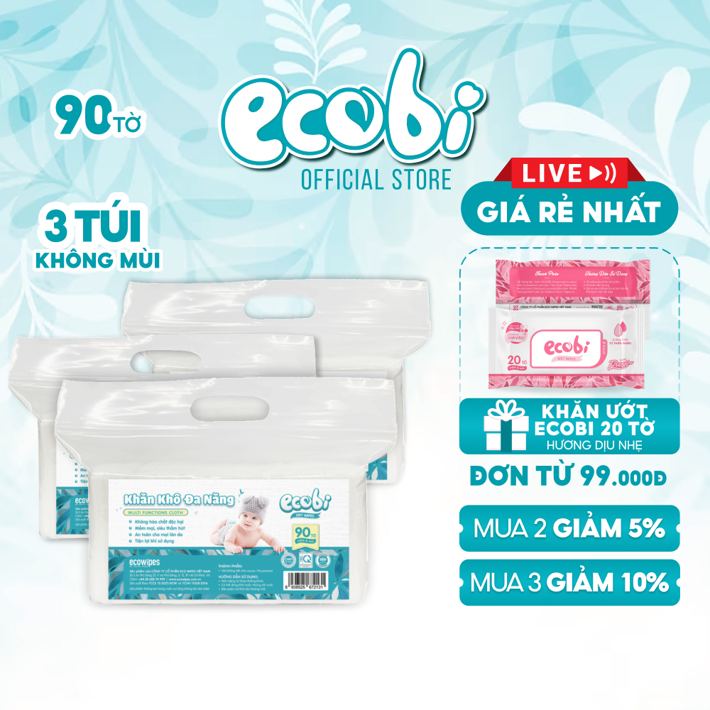 Combo 03 túi khăn vải khô đa năng cao cấp an toàn cho bé Ecobi túi 90 tờ 120g siêu tiết kiệm