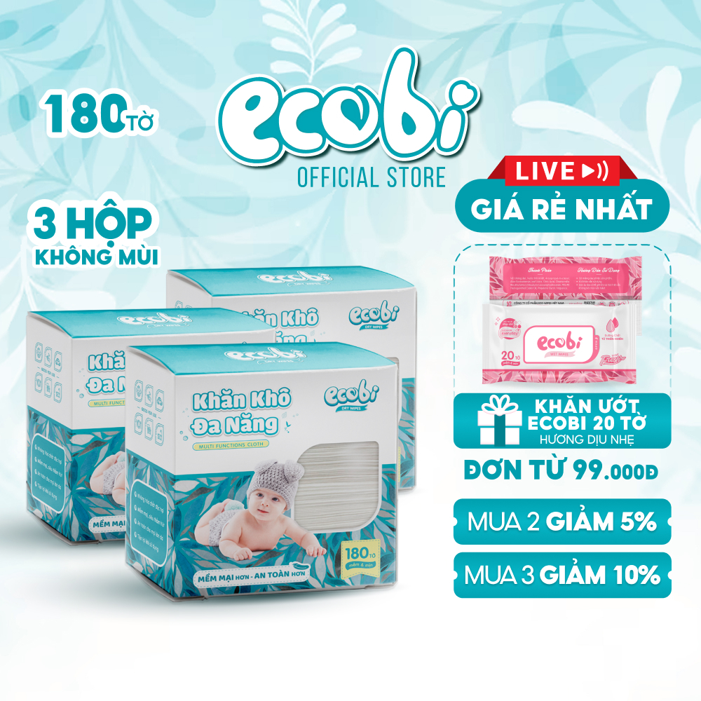 Combo 03 hộp khăn vải khô đa năng cao cấp cho bé Ecobi hộp 180 tờ 300g siêu tiết kiệm