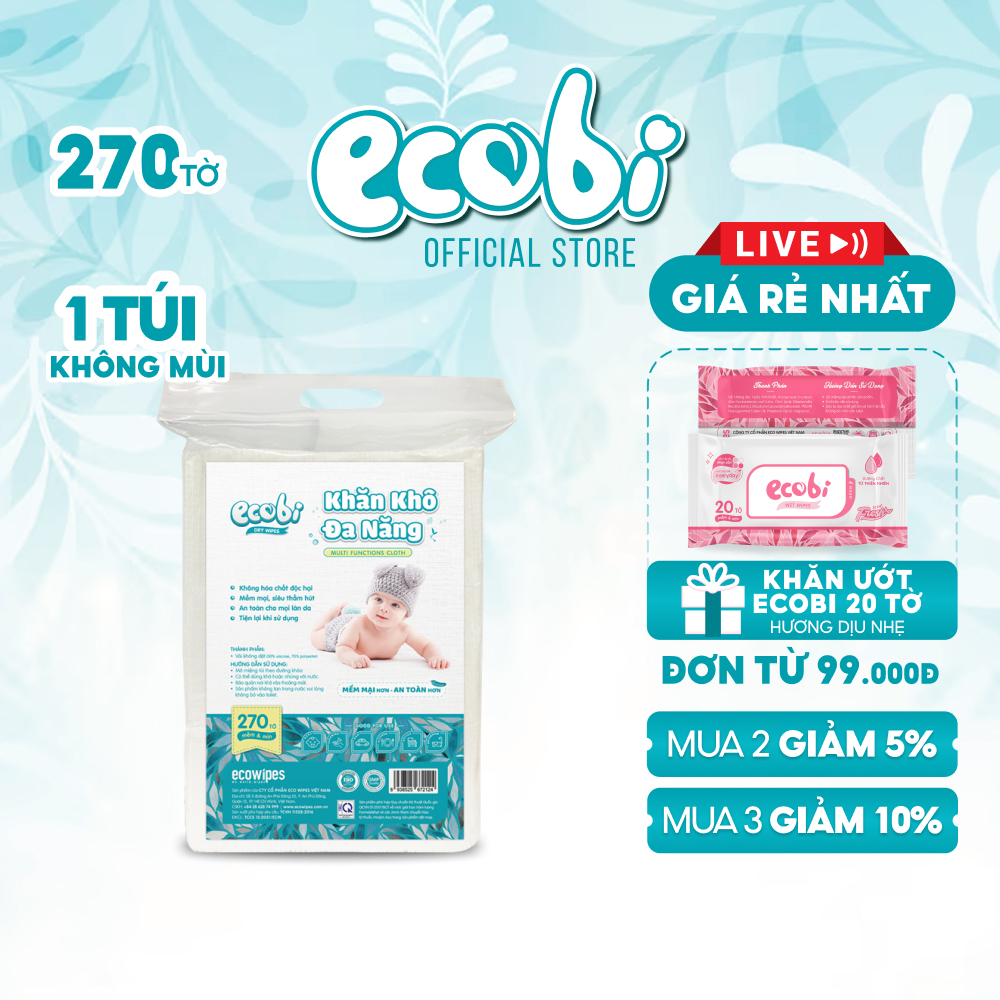 Khăn khô đa năng cao cấp cho bé Ecobi túi 270 tờ 345g siêu tiết kiệm