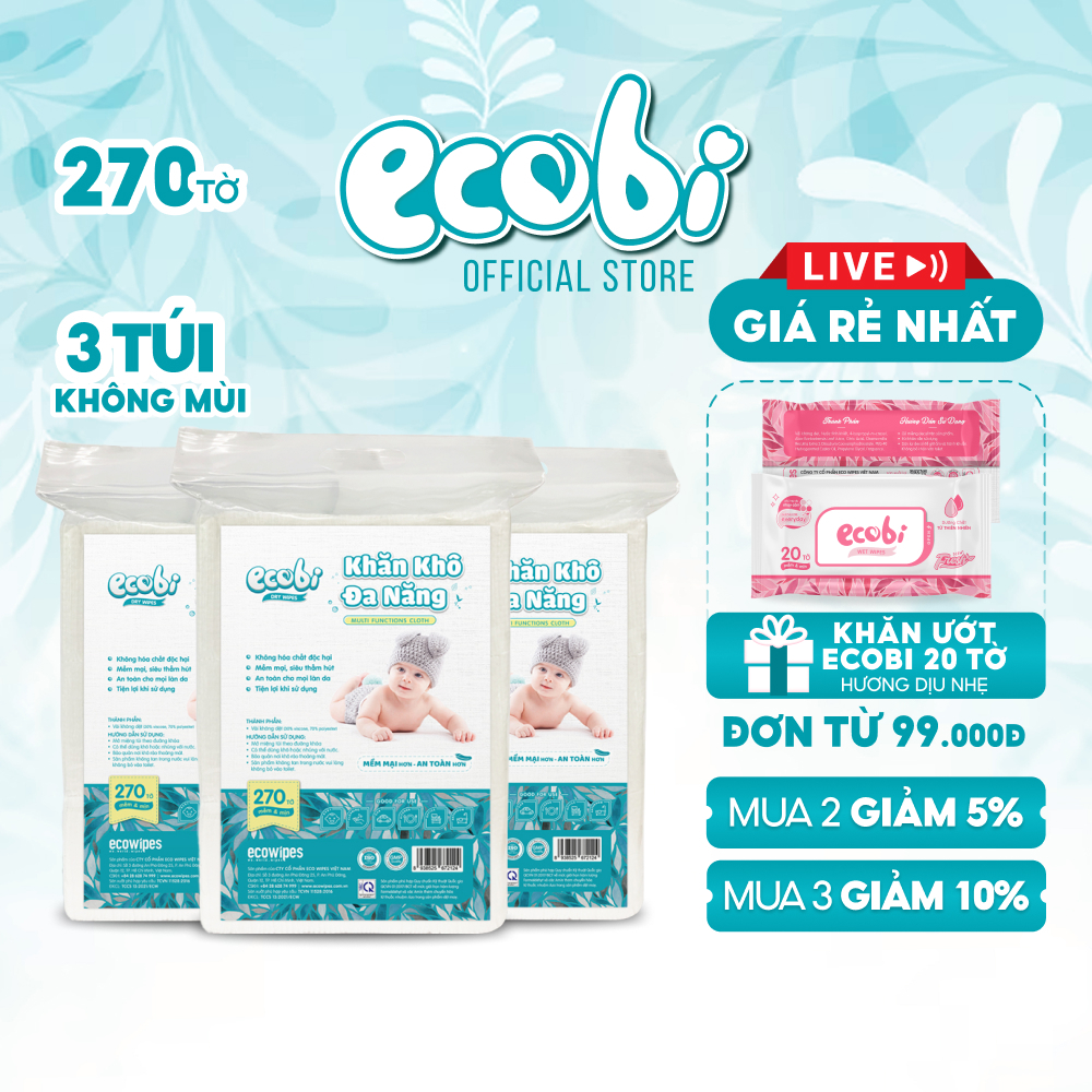 Combo 03 túi khăn khô đa năng cao cấp cho bé Ecobi túi 270 tờ 345g siêu