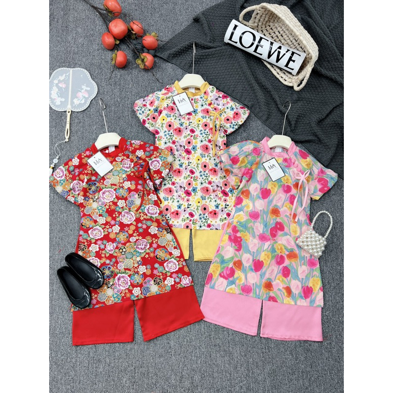 Set áo dài cách tân Xuân hoạ tiết hoa cho bé gái 10-30kg