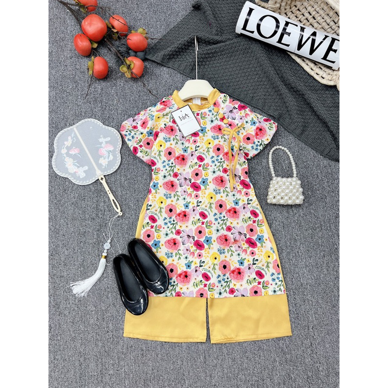 Set áo dài cách tân Xuân hoạ tiết hoa cho bé gái 10-30kg