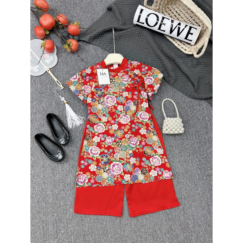 Set áo dài cách tân Xuân hoạ tiết hoa cho bé gái 10-30kg