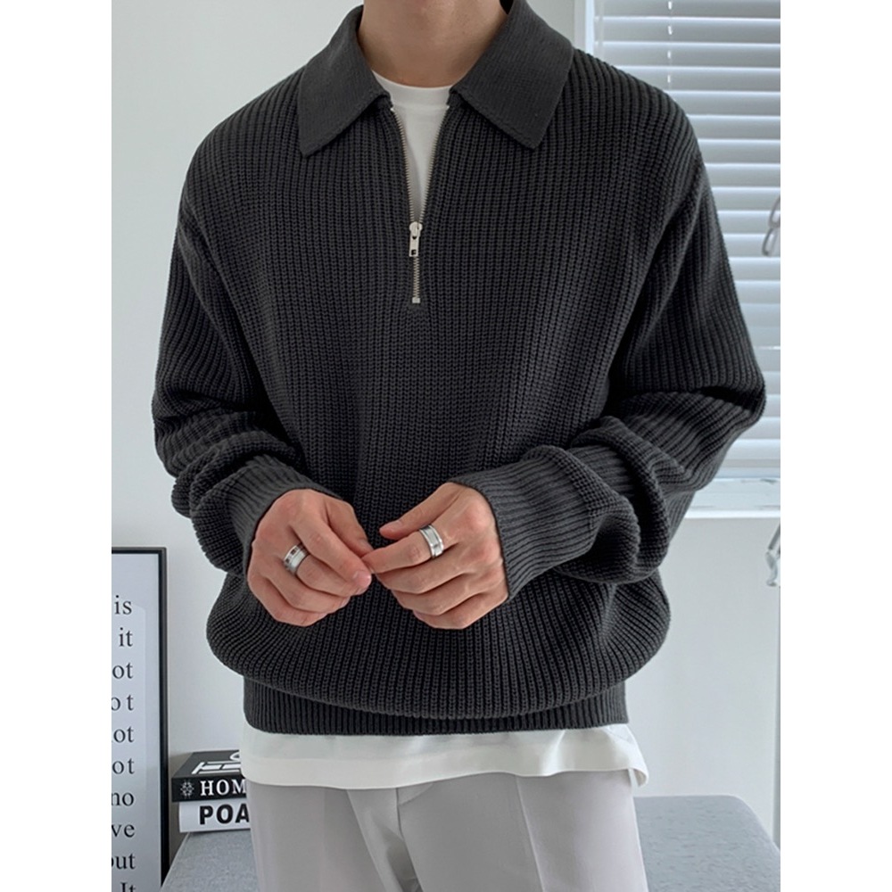Áo Len Có Polo Nửa Khoá Kéo Form Rộng Phong Cách Hàn Quốc