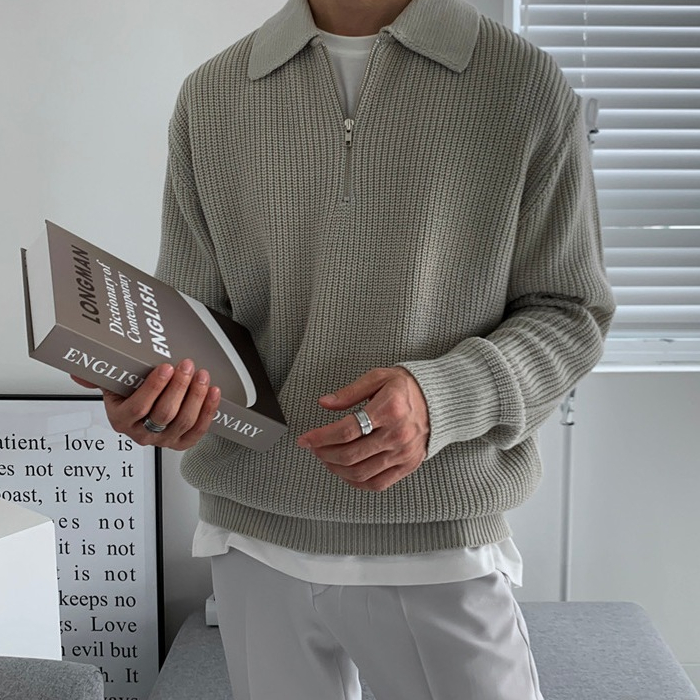 Áo Len Có Polo Nửa Khoá Kéo Form Rộng Phong Cách Hàn Quốc