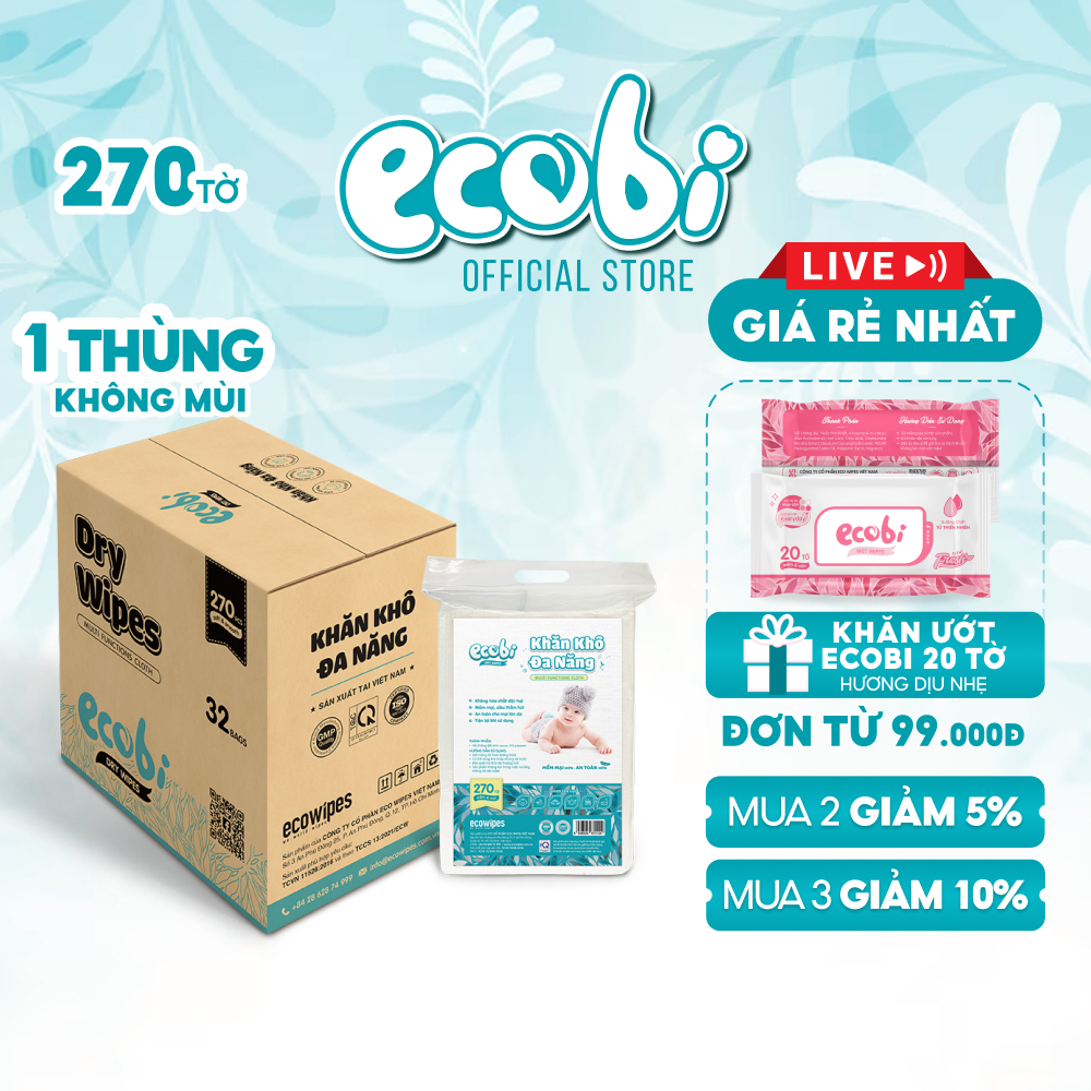 Thùng 32 túi khăn khô đa năng cao cấp cho bé ECOBI túi 270 tờ 345g siêu tiết kiệm