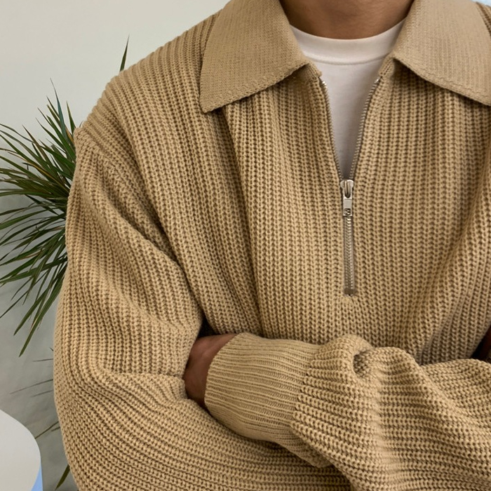 Áo Len Có Polo Nửa Khoá Kéo Form Rộng Phong Cách Hàn Quốc