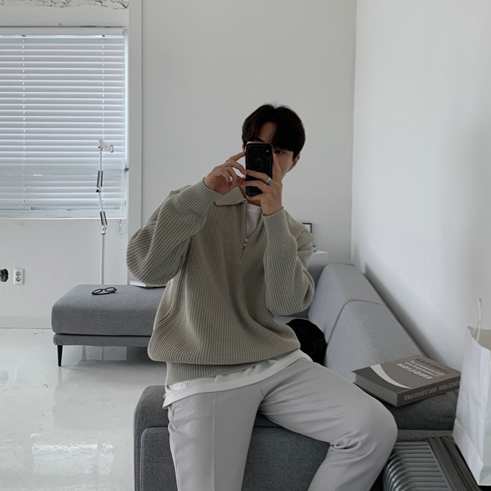 Áo Len Có Polo Nửa Khoá Kéo Form Rộng Phong Cách Hàn Quốc