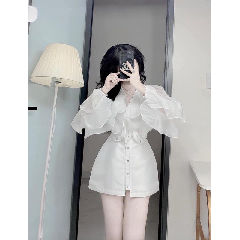 Set áo sơ mi von tơ bèo kèm chân váy taffa