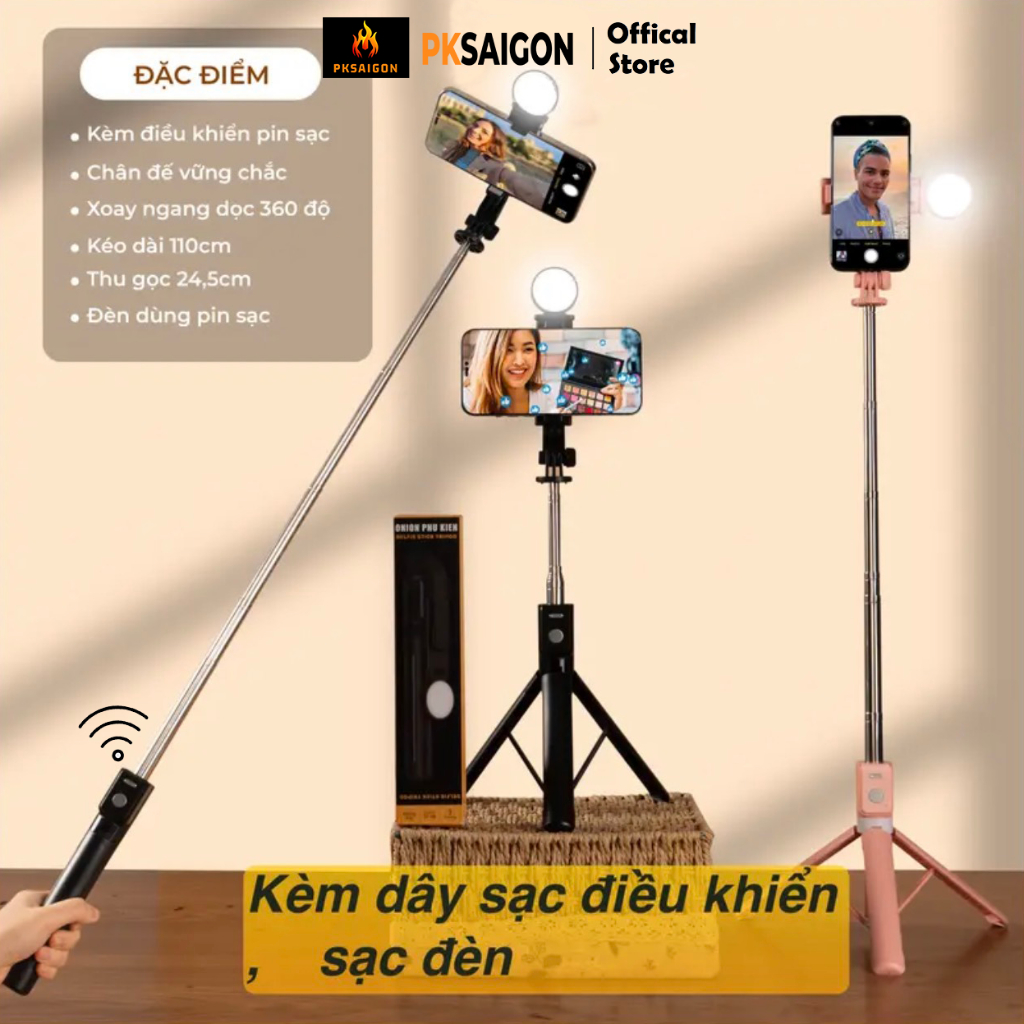 Gậy Chụp Ảnh 3 Chân PKSAIGON Thế Hệ Mới Có Đèn Led Trợ Sáng Selfie Chụp Hình Có Remote Bluetooth Điều Khiển Từ Xa