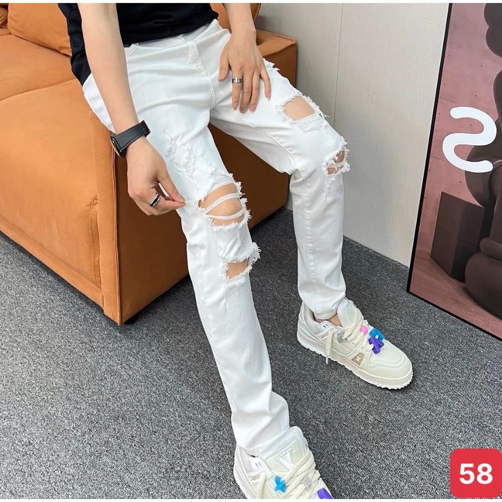 Quần jean nam boy phố rách vá da màu trắng chất bò cao cấp co dãn 4 chiều form skinny  QJ67 Mẫu Mới
