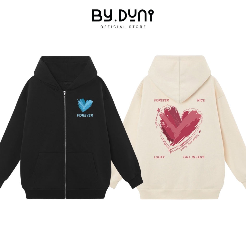 Áo Hoodie zip cặp đôi By.duni nam nữ form rộng, áo khoác dây kéo cặp bạn thân unisex vải nỉ cotton FALL IN LOVE full box