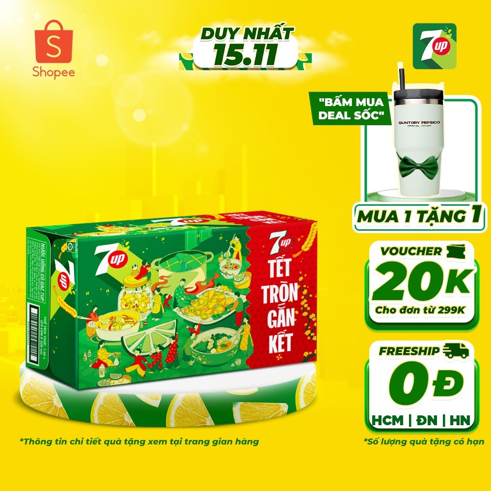 Thùng 24 Lon Nước Ngọt Có Gaz 7Up Lon Xanh (320ml/lon)