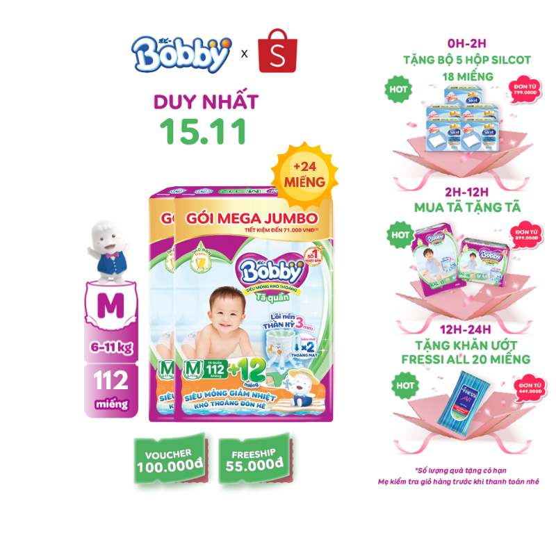 Combo 02 gói Tã quần Bobby 3mm Gạo non Giảm nhiệt Mega Jumbo M112+12/L96+12/XL84+12/XXL76+12