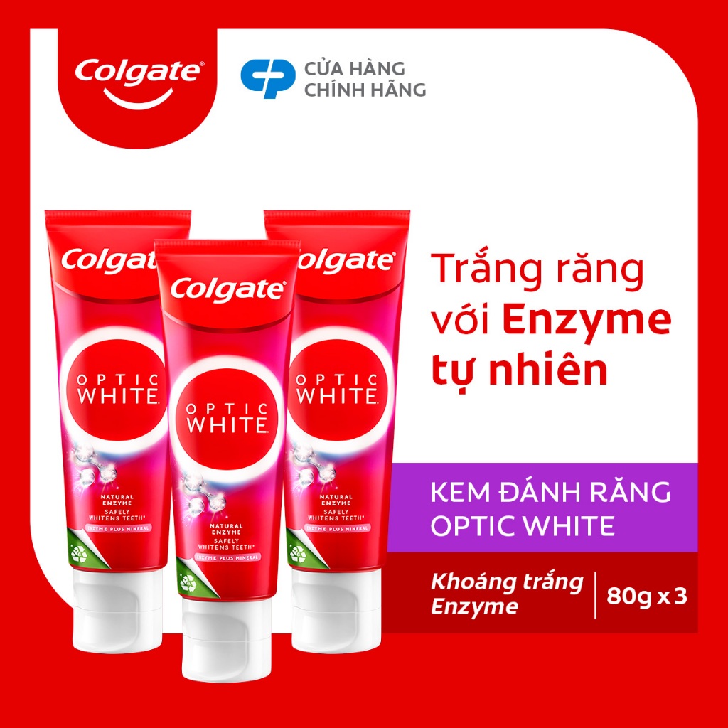 Bộ 3 Kem Đánh Răng Colgate trắng răng Optic White hương đào từ enzyme tự nhiên 80g