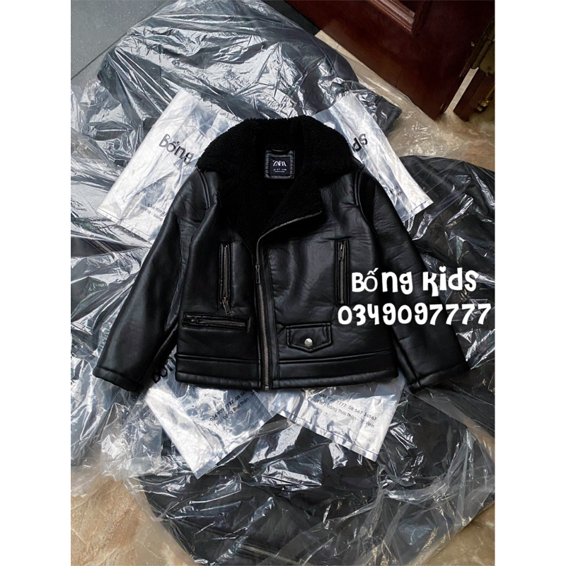 Áo Khoác Da Bé Trai Cổ Lật Lót Cừu Đen Biker ZR