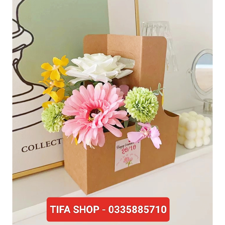 Hộp giấy kraft cắm hoa và đựng đồ uống 2 ngăn, hộp quà tặng, take away đồ uống siêu xinh