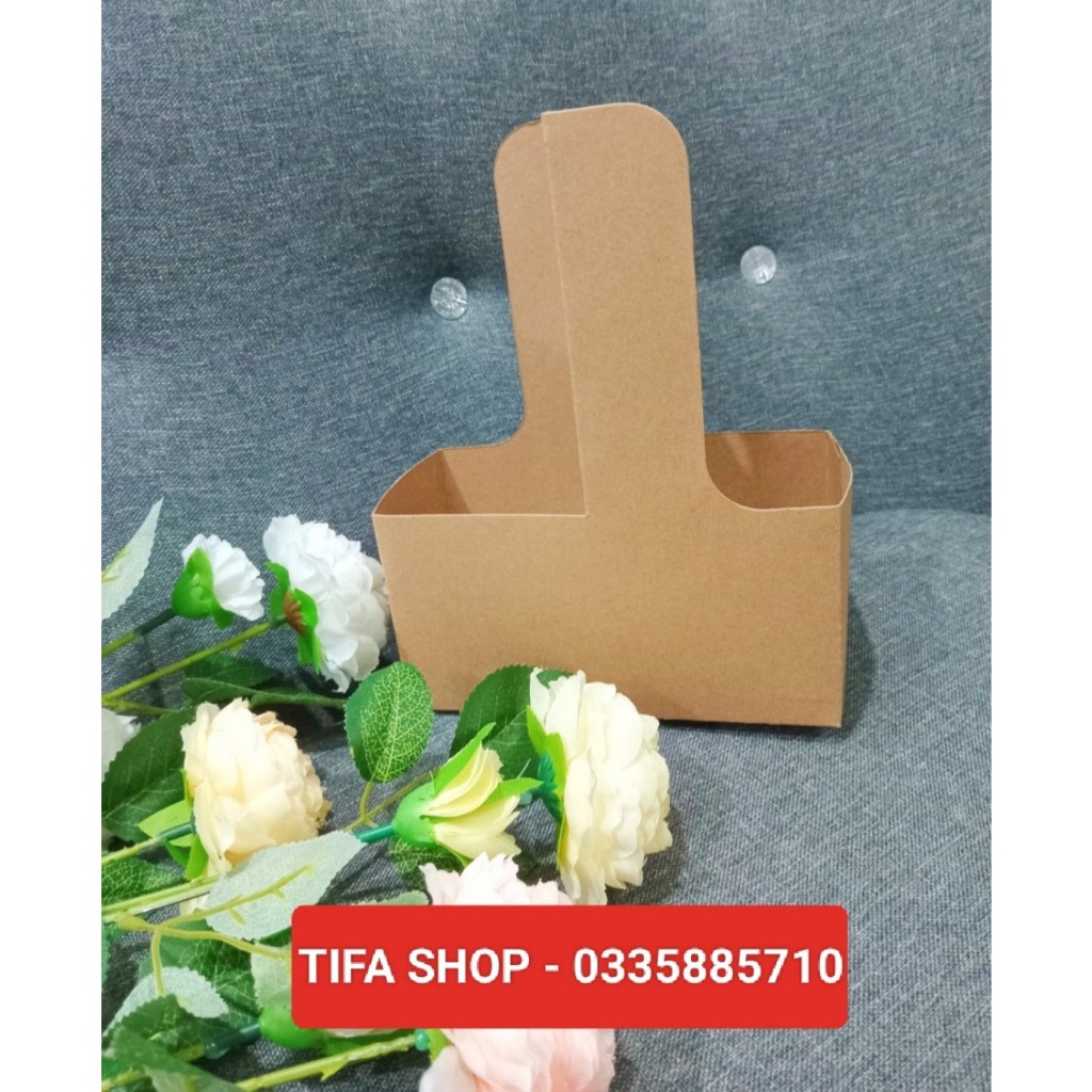 Hộp giấy kraft cắm hoa và đựng đồ uống 2 ngăn, hộp quà tặng, take away đồ uống siêu xinh