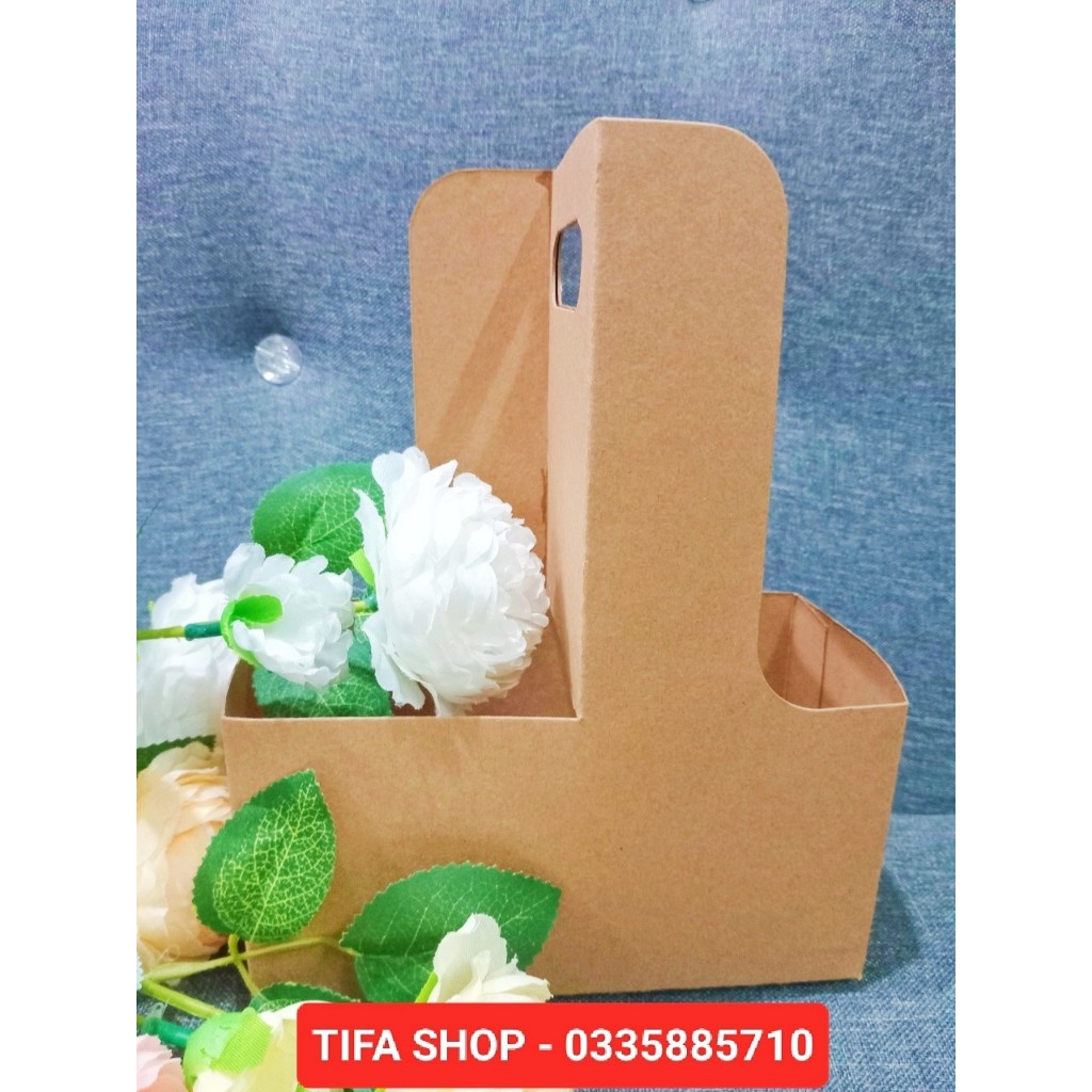 Hộp giấy kraft cắm hoa và đựng đồ uống 2 ngăn, hộp quà tặng, take away đồ uống siêu xinh