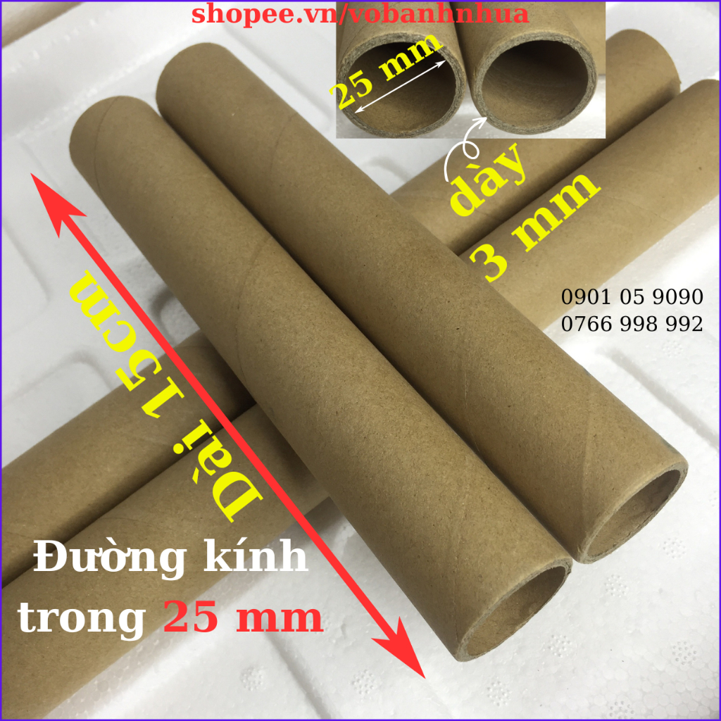 Set 20 ống giấy đường kính trong 25mm,dài 15cm,dày 3mm, lõi giấy vệ sịnh, quấn màng PE