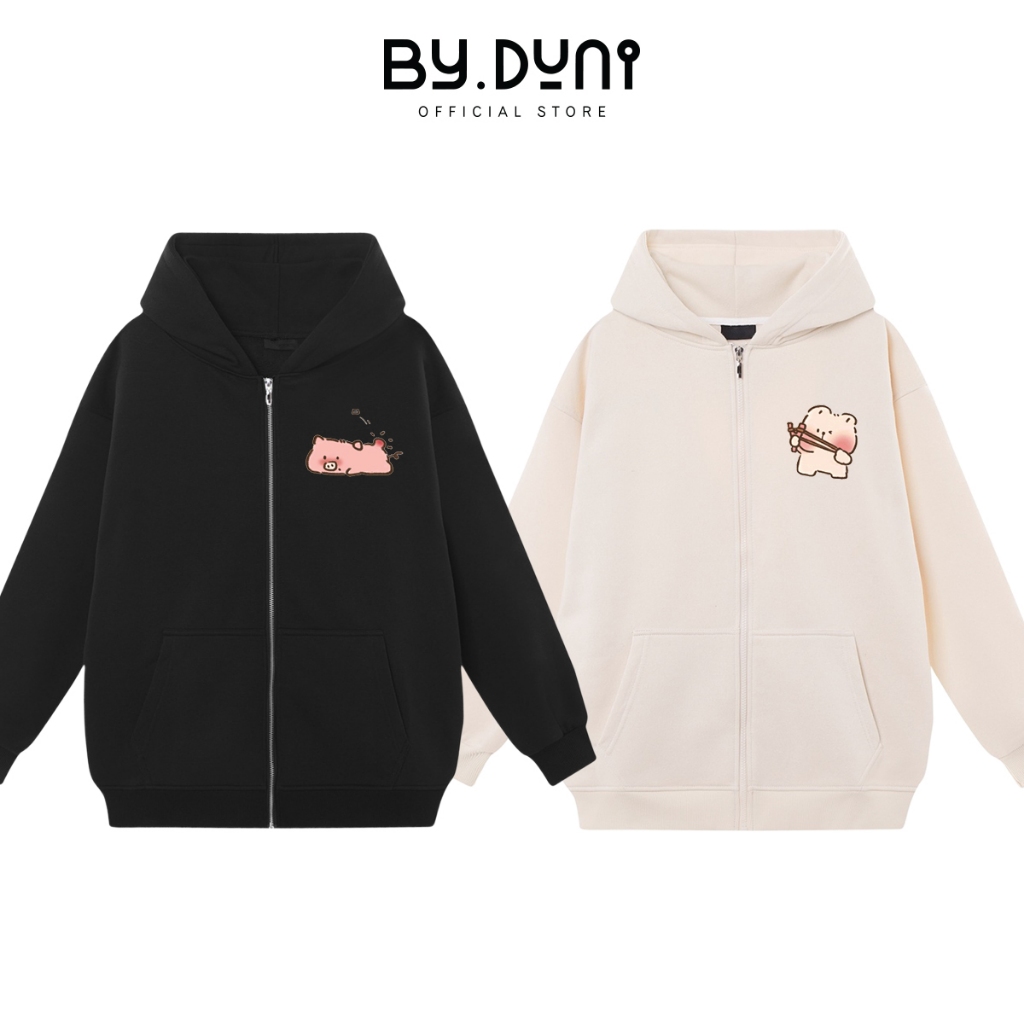 Áo Hoodie zip cặp đôi By.duni nam nữ form rộng, áo khoác dây kéo cặp bạn thân unisex vải nỉ cotton GẤU BẮN NÁ full box