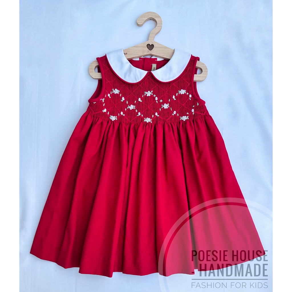 Đầm Xích Móc (Smock) Đỏ sát nách thêu hoa trắng
