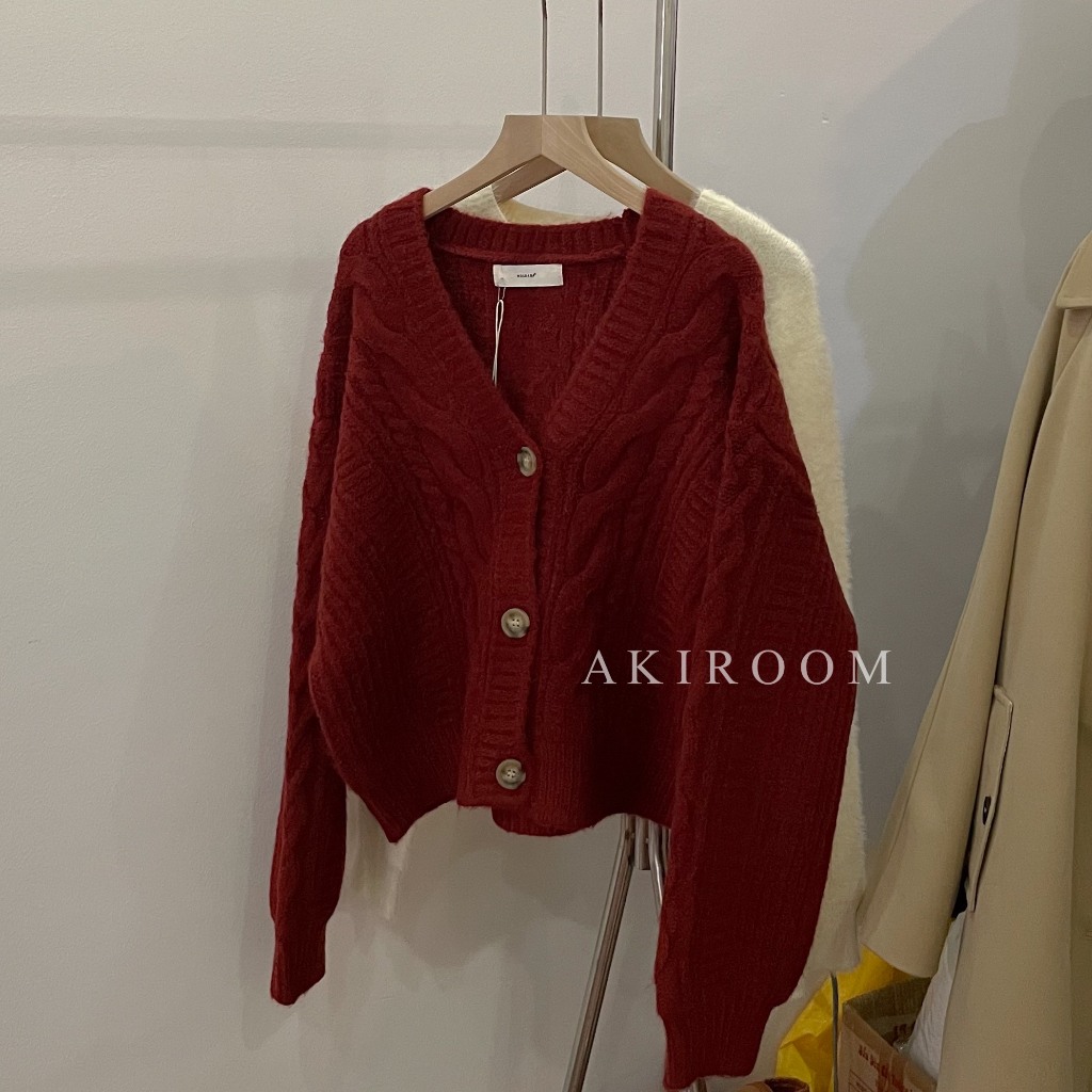 Áo cardigan len thừng dày cổ V dáng ngắn ba cúc 605349