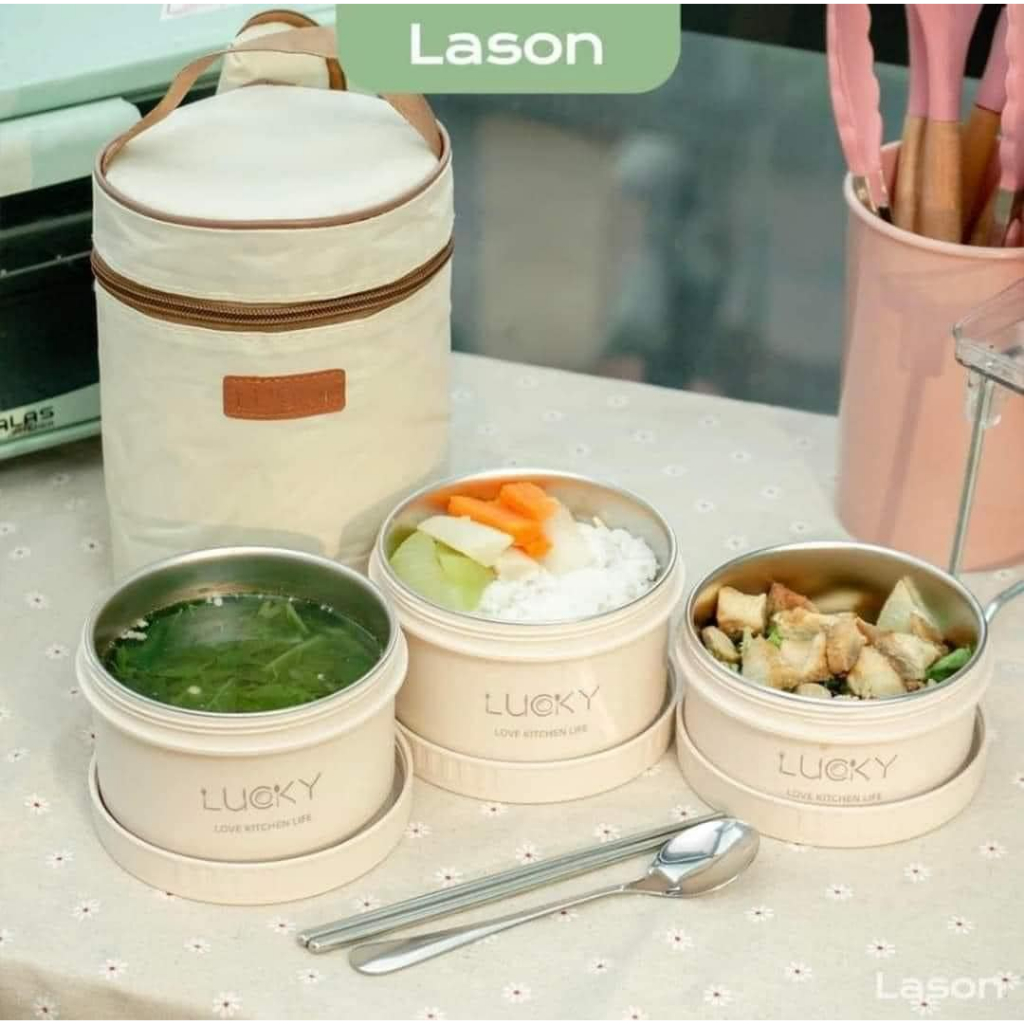 Hộp cơm giữ nhiệt văn phòng Inox chia ngăn, Hộp đựng cơm trưa cute cao cấp quay lò vi sóng tặng kèm đũa thìa và túi đựng