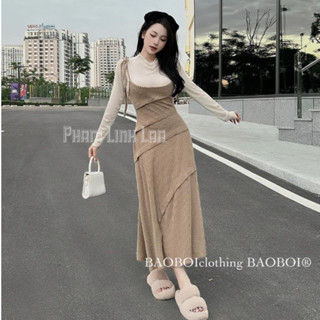 Set Đầm Nữ Áo Len Tay Dài Cổ Lọ Mix Yếm Hai Dây Nhún Bèo Sóng Dáng Dài Hot Hit Tone Màu Kem Vintaga Style Hàn Quốc