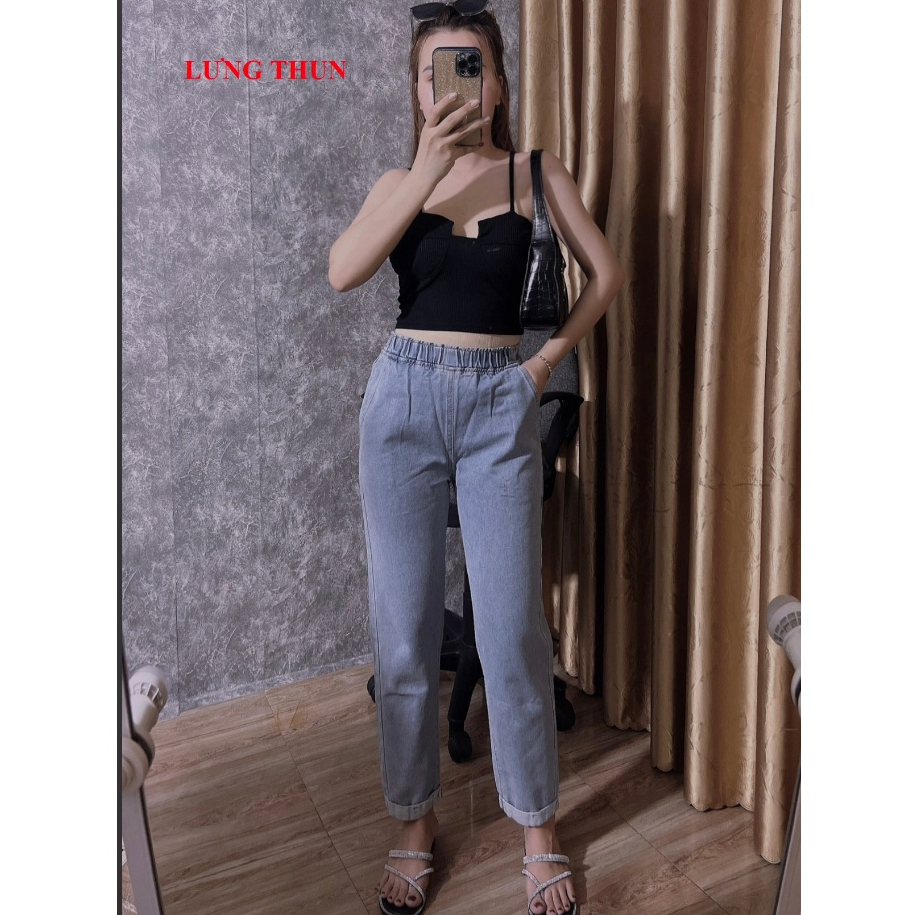 Quần bò nữ BAGGY 9 tấc RÁCH HỞ,LƯNG THUN VÀ IN CHỮ RÁCH GỐI 521 - 982
