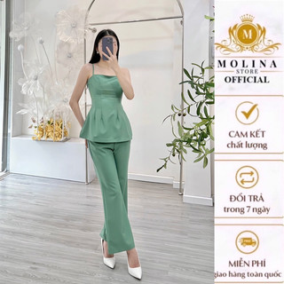 Set Áo Hai Dây Kèm Quần Thiết Kế Molina Ống Suông Dài Hack Dáng, Chất Kaki Thun Lụa Cao Cấp Mềm Mát Thanh Lịch