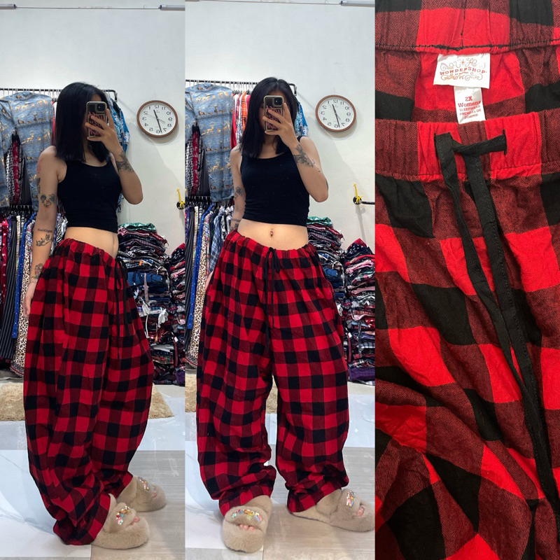 Quần flannel ống rộng cotton hiphop