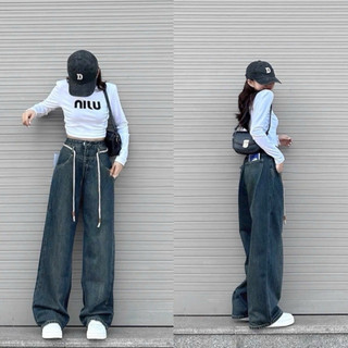 Quần jeans suông ống rộng lưng cao phối dây mã mới quần bò ống rộng
