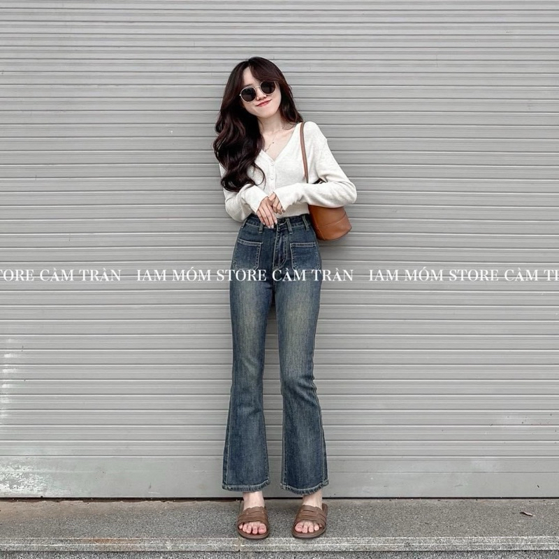 Quần Jeans Loe Loại 1 Túi Trước Co Giãn Quần Bò Loe Cạp Cao Siêu Xinh