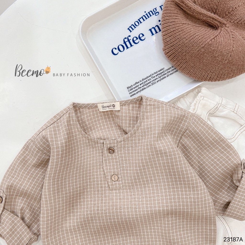Áo dài tay khuy gỗ cho bé trai Beemo,Chất liệu linen được làm từ tự nhiên cực kì an toàn cho da bé,thiết áo cổ trụ B416
