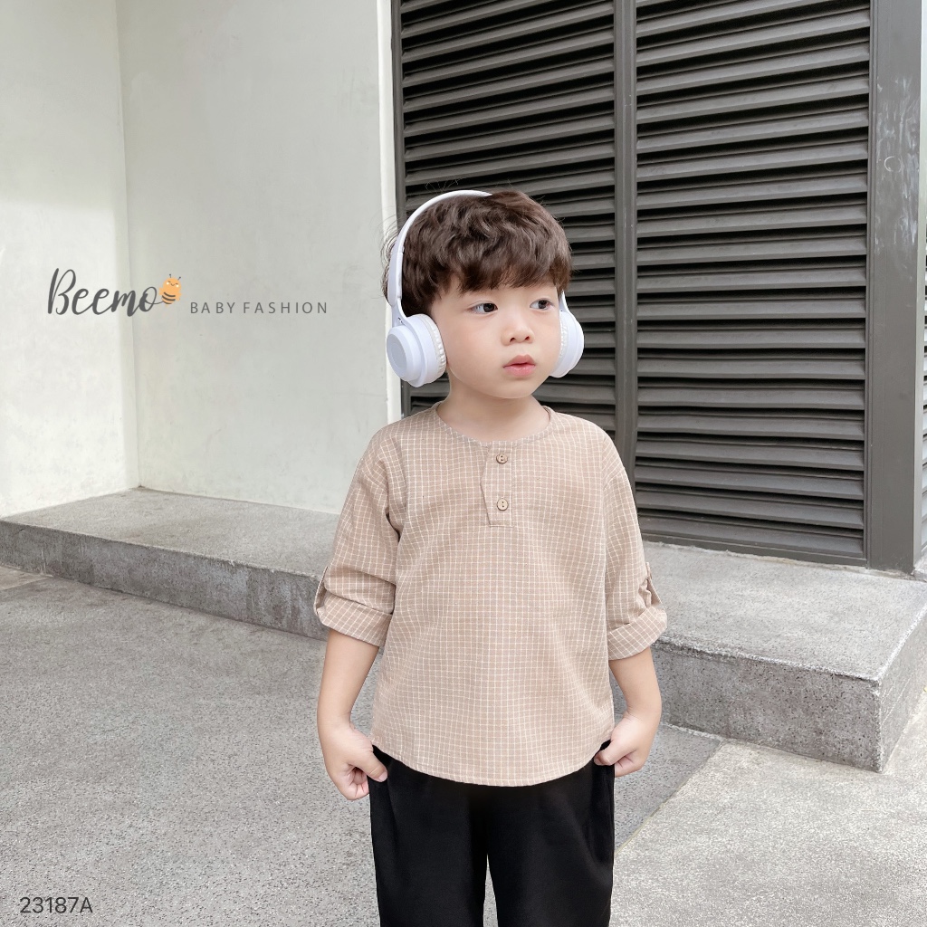 Áo dài tay khuy gỗ cho bé trai Beemo,Chất liệu linen được làm từ tự nhiên cực kì an toàn cho da bé,thiết áo cổ trụ B416